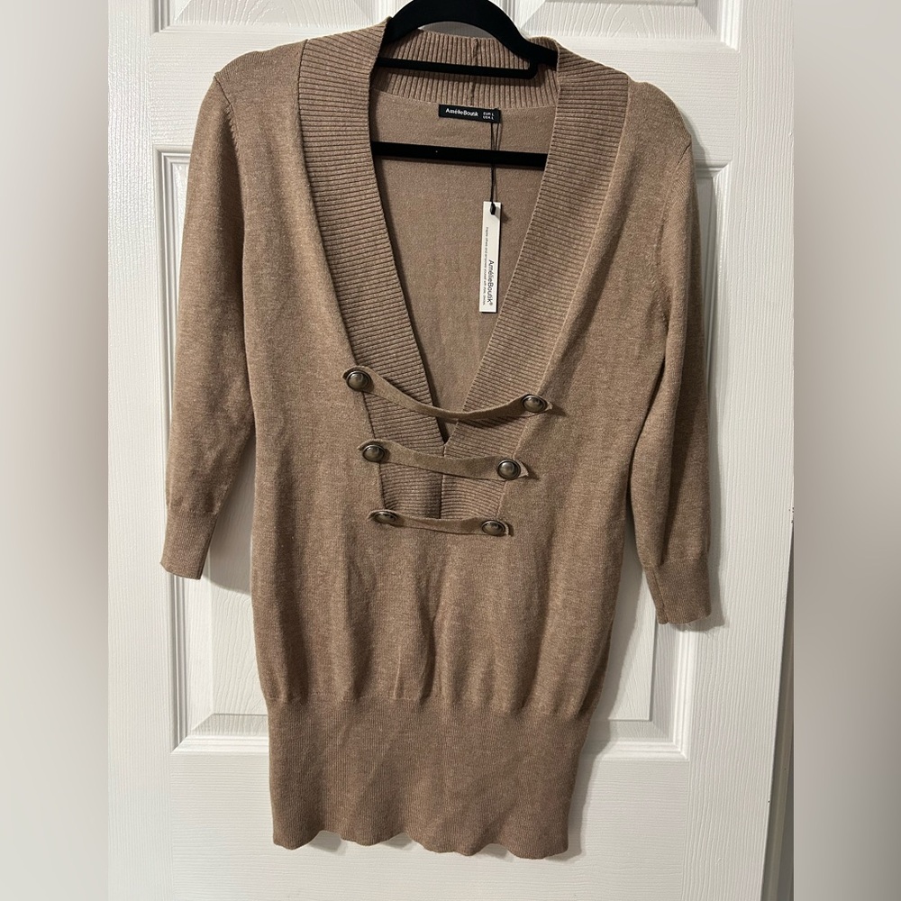 AmélieBoutik Women’s Tan Ribbed Tunic Sweater with Military Buttons Size Large